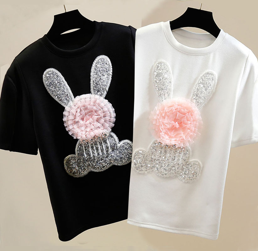 Street Fashion Shanghai - Heavy Industry Rabbit Sequins White Short-Sleeve