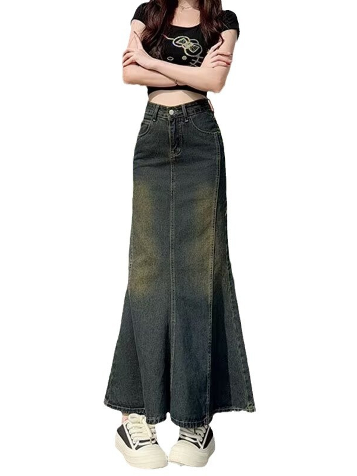 Street Fashion Jeans Women - Women's Vintage Washed Denim Mermaid Maxi