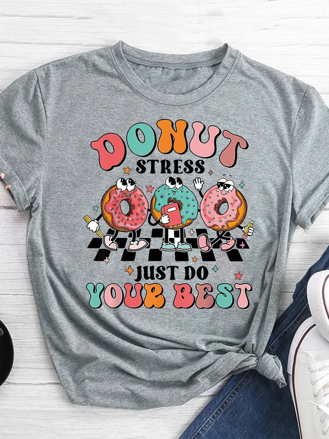 Street Fashion Trend 2025 - Cartoon Donut Print T-shirt, Short Sleeve
