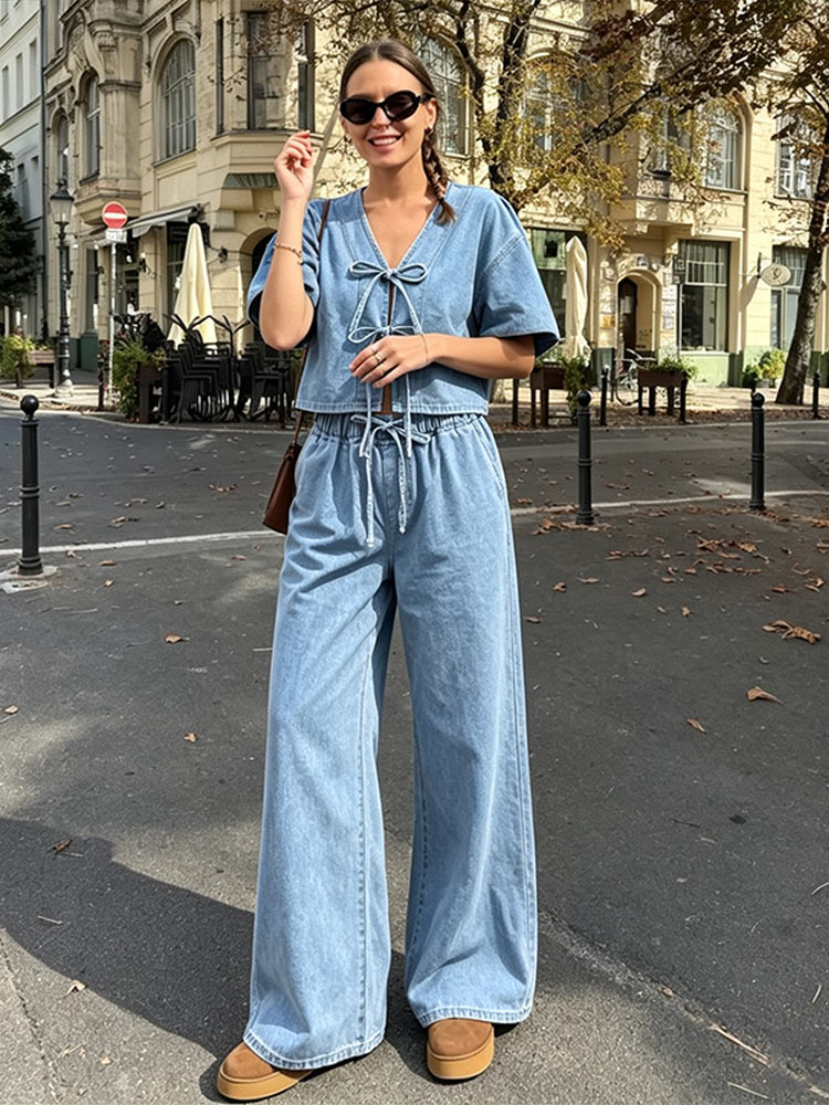 Street Fashion Jeans Women - Casual Short Sleeve V Neck Lace