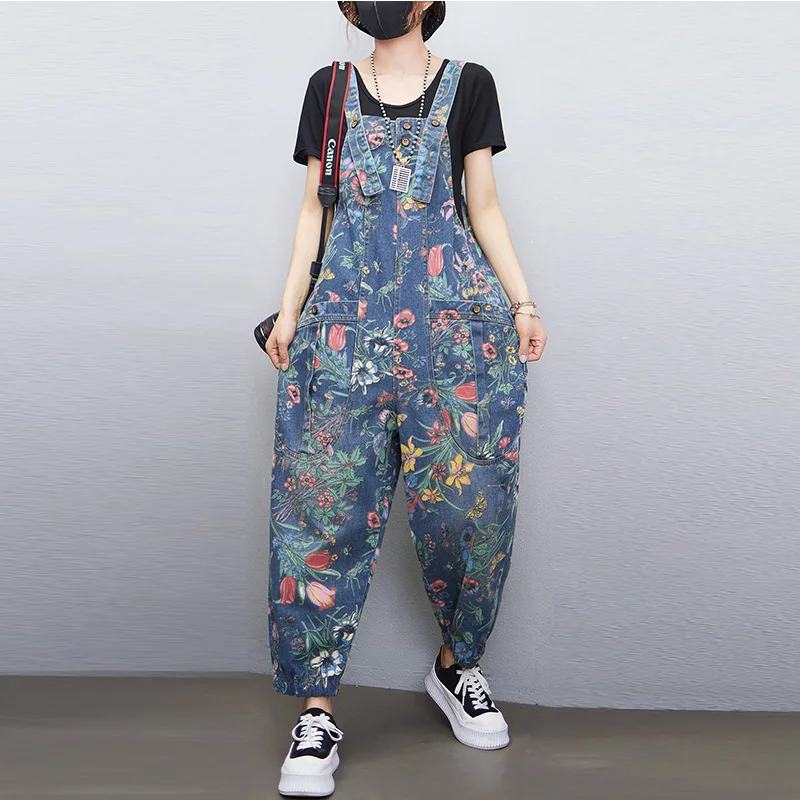 Street Fashion Jeans Women - Casual Streetwear Print Floral Denim Jumpsuit