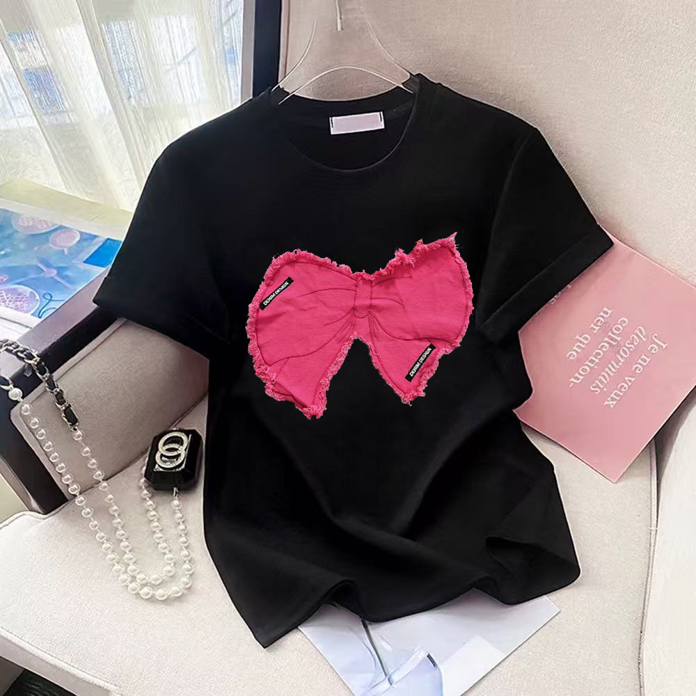 Rose Red Denim Bow Tie O-Neck  - Street Fashion Shanghai 评论和价格