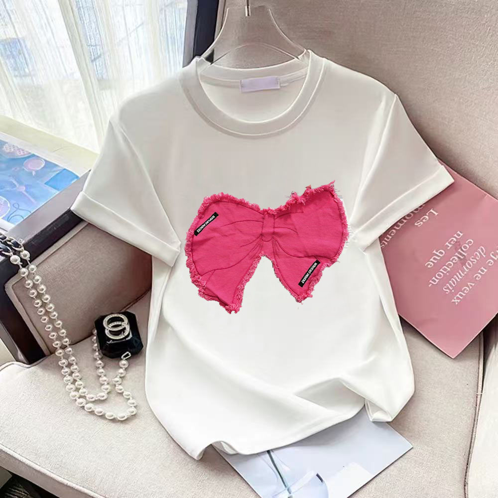 Rose Red Denim Bow Tie O-Neck  - Street Fashion Shanghai 评论和价格