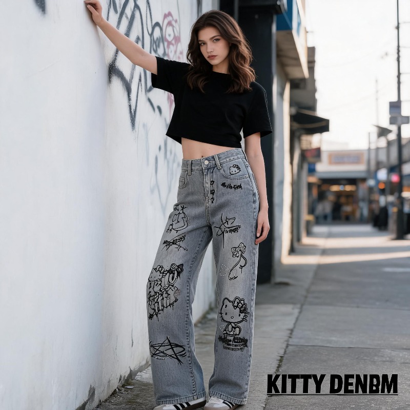 Cute Keiokitty Rhinestone Graf - Street Fashion Jeans Women 评论和价格