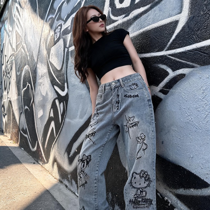 Cute Keiokitty Rhinestone Graf - Street Fashion Jeans Women 评论和价格