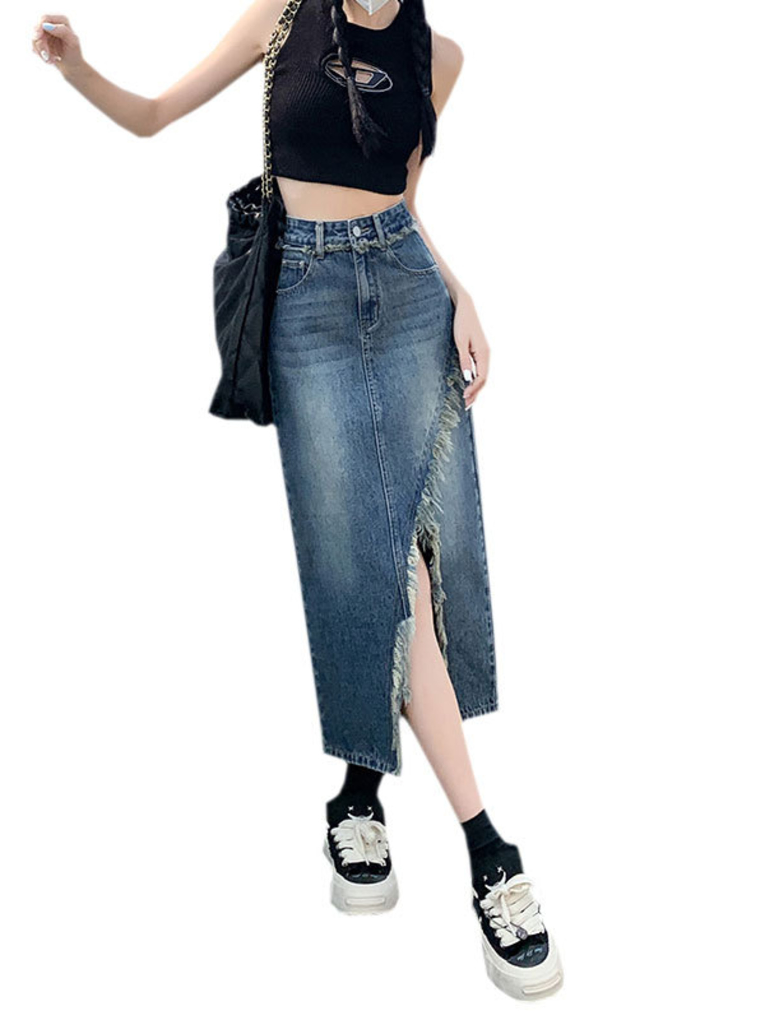 Women's High Waist Denim Skirt - Street Fashion Jeans Women 评论和价格