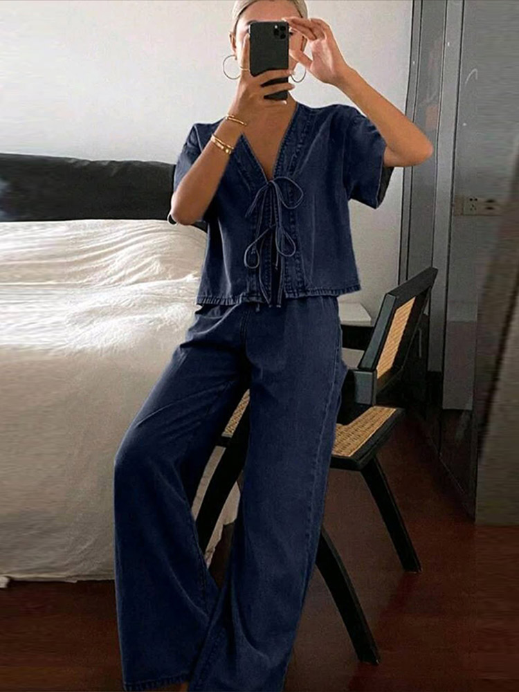 Casual Short Sleeve V Neck Lac - Street Fashion Jeans Women 评论和价格