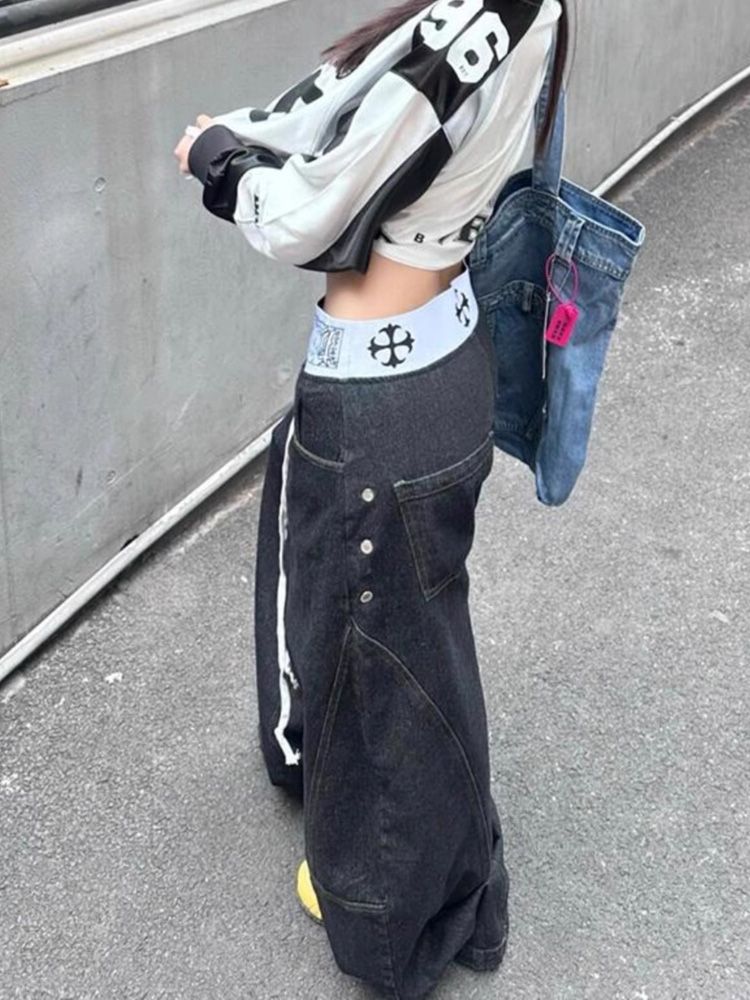 American retro spliced waist j - Street Fashion Jeans Women 评论和价格